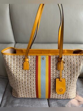 Tory Burch Gemini Link Yellow Multistripe Canvas Tote with Logo Charm